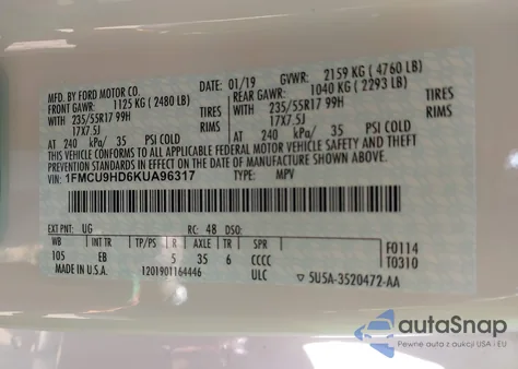 2019 Ford Escape Sel from USA, damaged, VIN 1FMCU9HD6KUA96317